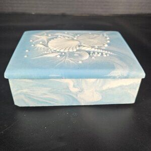 Robert Nemeth Signed INCOLAY Stone Blue Rectangle Seashell Musical Trinket Box